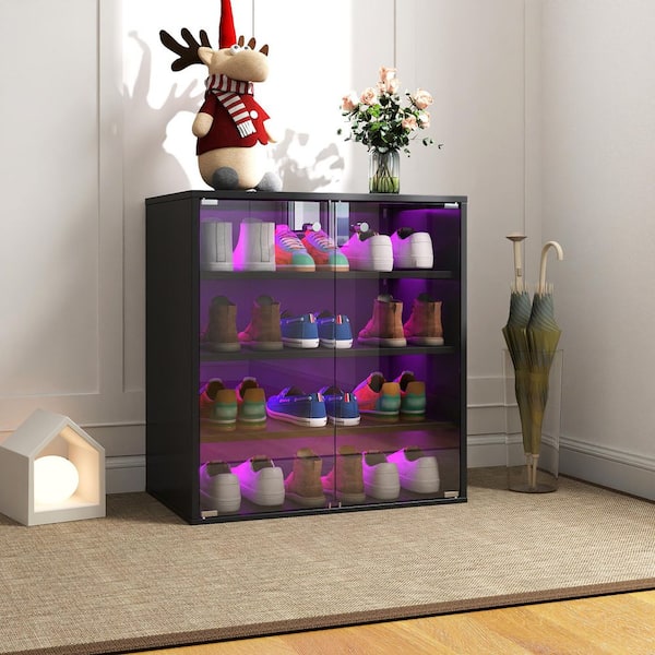28.35 in. H x 14.76 in. W Black LED Shoe Storage Cabinet with Glass Doors & Dust Protection