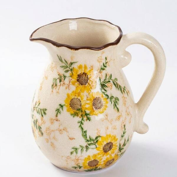 7.9 in. Sunflower Vintage Yellow Ceramic Pitcher Vase Hand-Printed Floral Farmhouse Bookshelf Decor with