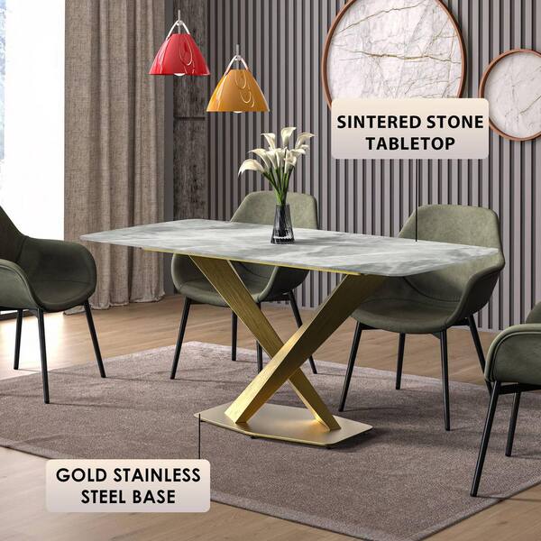 Leisuremod Voren Modern Light Grey Stone Tabletop 71 in. Double Pedestal Base Dining Table 10 Seater in Gold Stainless Steel VTG 71IGR S