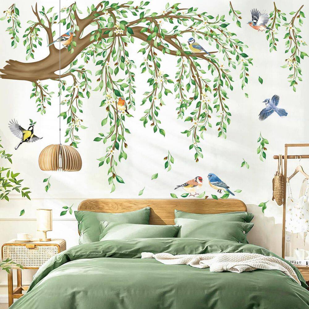61.02 in. x 42.91 in. Green Leaf Flower Birds Wall Decal, Hanging Vine Wall Decals for Living Room TV Background Bedroom price history on PriceWatchPro