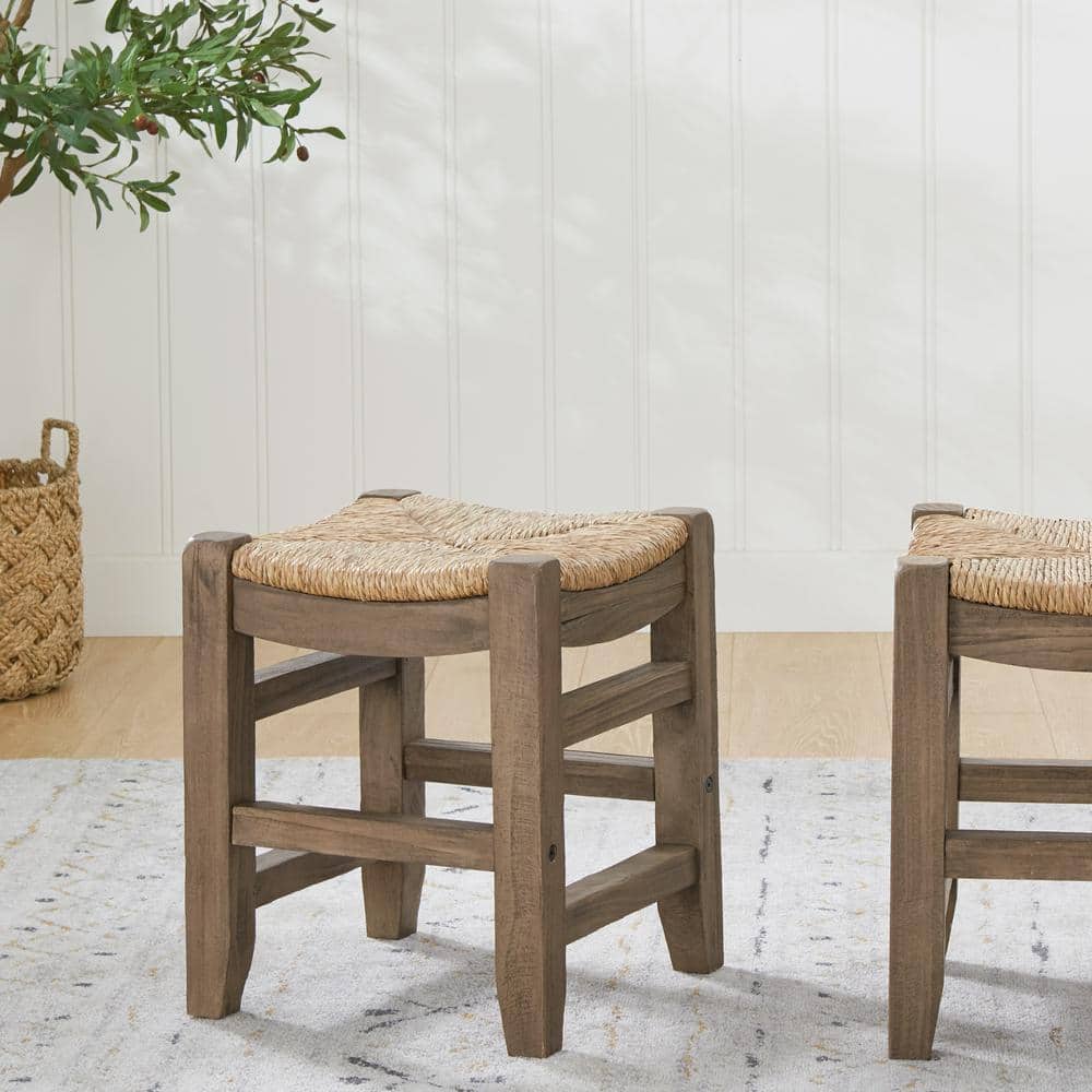 Rustic Industrial 18" Pine Wood Stool with Natural Rush Seat