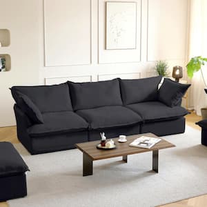 123 in. Flared Arm 3-Piece Overstuffed Linen Flannel Modular Deep Seat Sectional Sofa Cloud Couch in Black