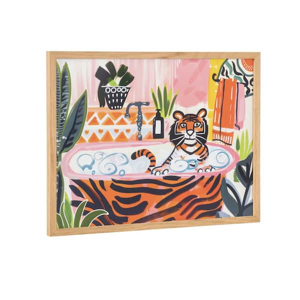 Kate and Laurel Gallery Bold Maximalist Tiger in Bubble Bath by The Creative Bunch Studio Natural Framed Art Print 16 in. x 12 in.