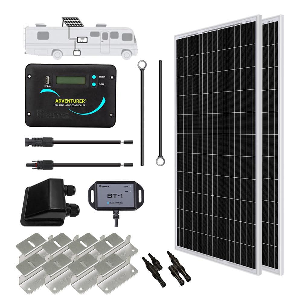  Renogy - Kit de panel solar prémium de 200 vatios y 12 voltios  con panel solar monocristalino de 200 vatios, regulador de carga MPPT Rover  de 20 A, bluetooth, soportes de