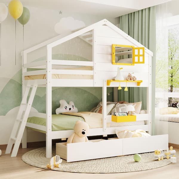 Qualler White Twin Over Twin House Bunk Bed with Window and 2-Drawers