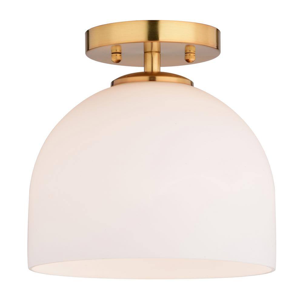 Shelby 9.25-Inch Brass and White Glass Semi-Flush Mount Light