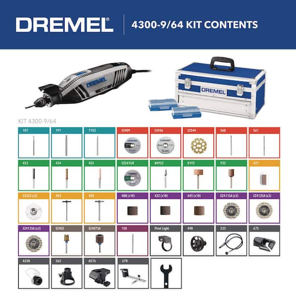 4300 Series 1.8 Amp Variable Speed Corded Rotary Tool Kit with Mounted Light, 64 Accessories, 9 Attachments and Case