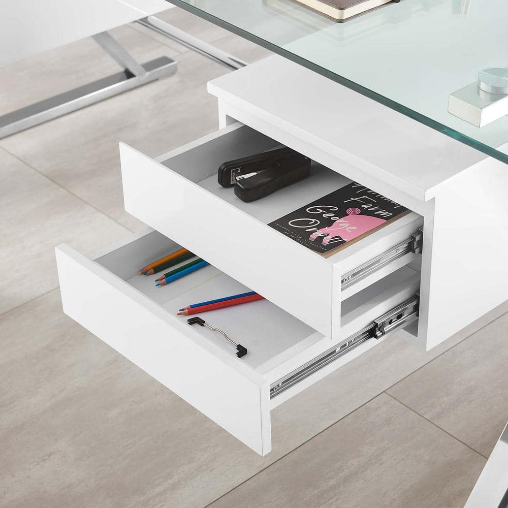 Elegant 71" White Glass Desk with Floating Drawers & Steel Frame