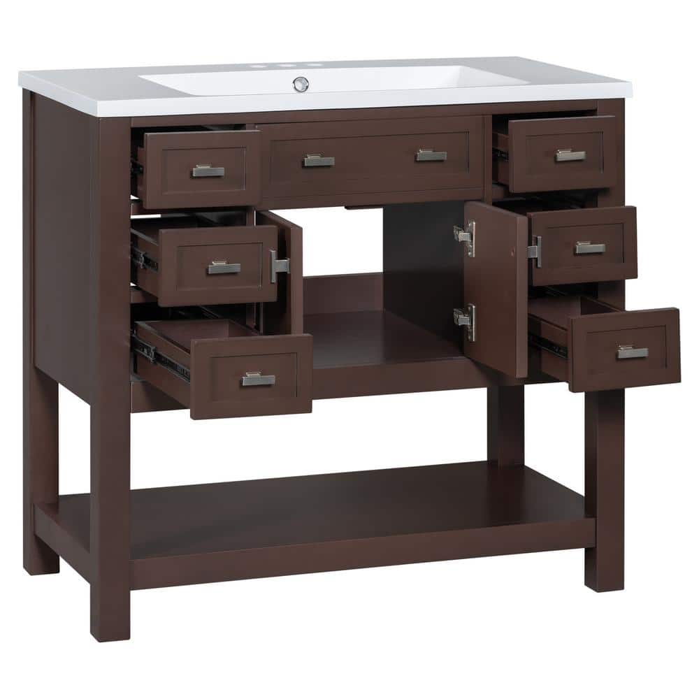 35.2 in. W x 18 in. D x 34.1 in. H Brown Freestanding Bath Vanity with Whit