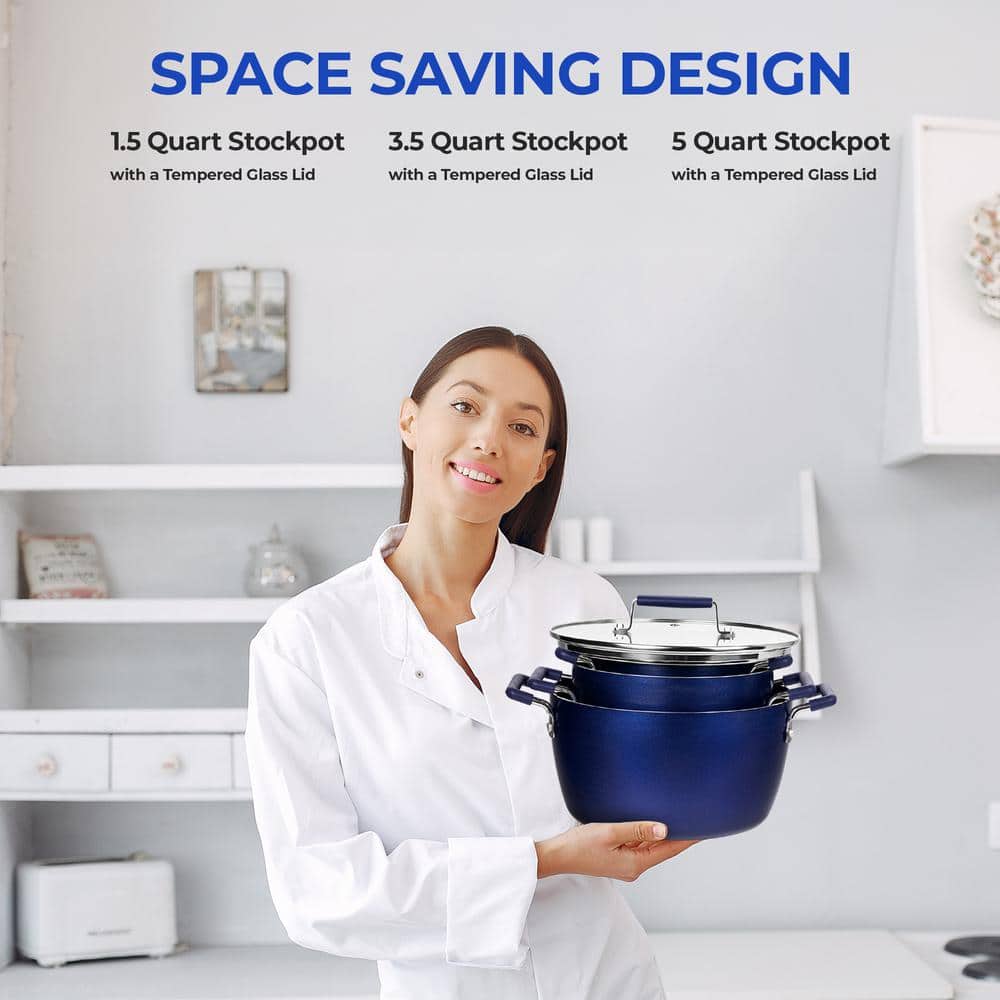 Blue Aluminum Nonstick 6-Piece Stackable Cocotte Set