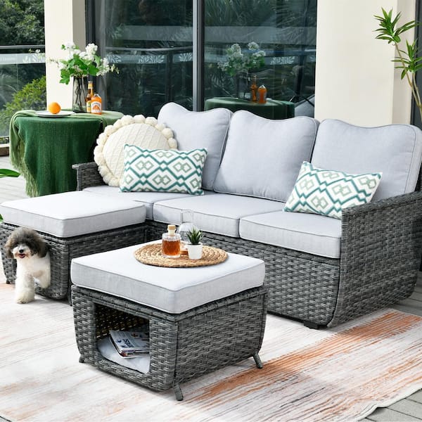 OVIOS Fortune Dark Gray 3-Piece Wicker Outdoor Patio Conversation Seating Set with Gray Cushions
