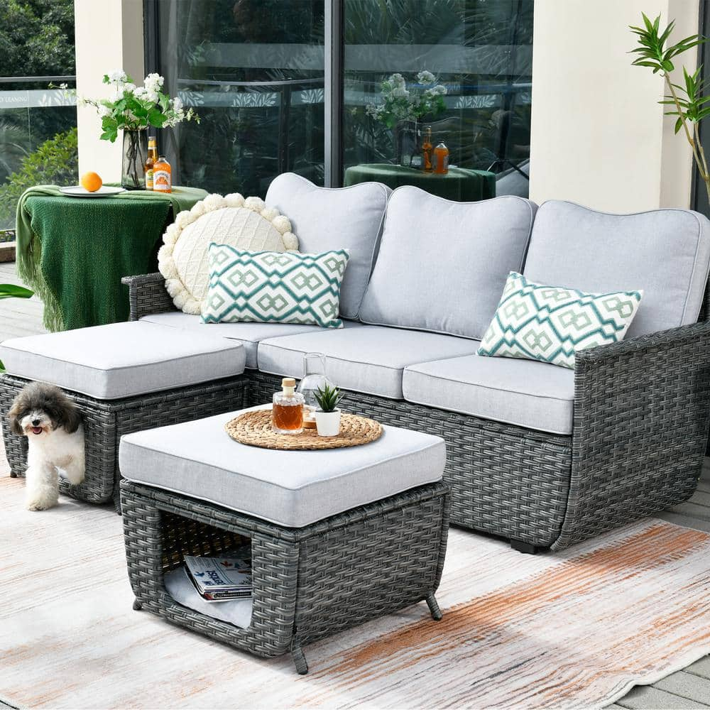 OVIOS Fortune Dark Gray 3-Piece Wicker Outdoor Patio Conversation ...