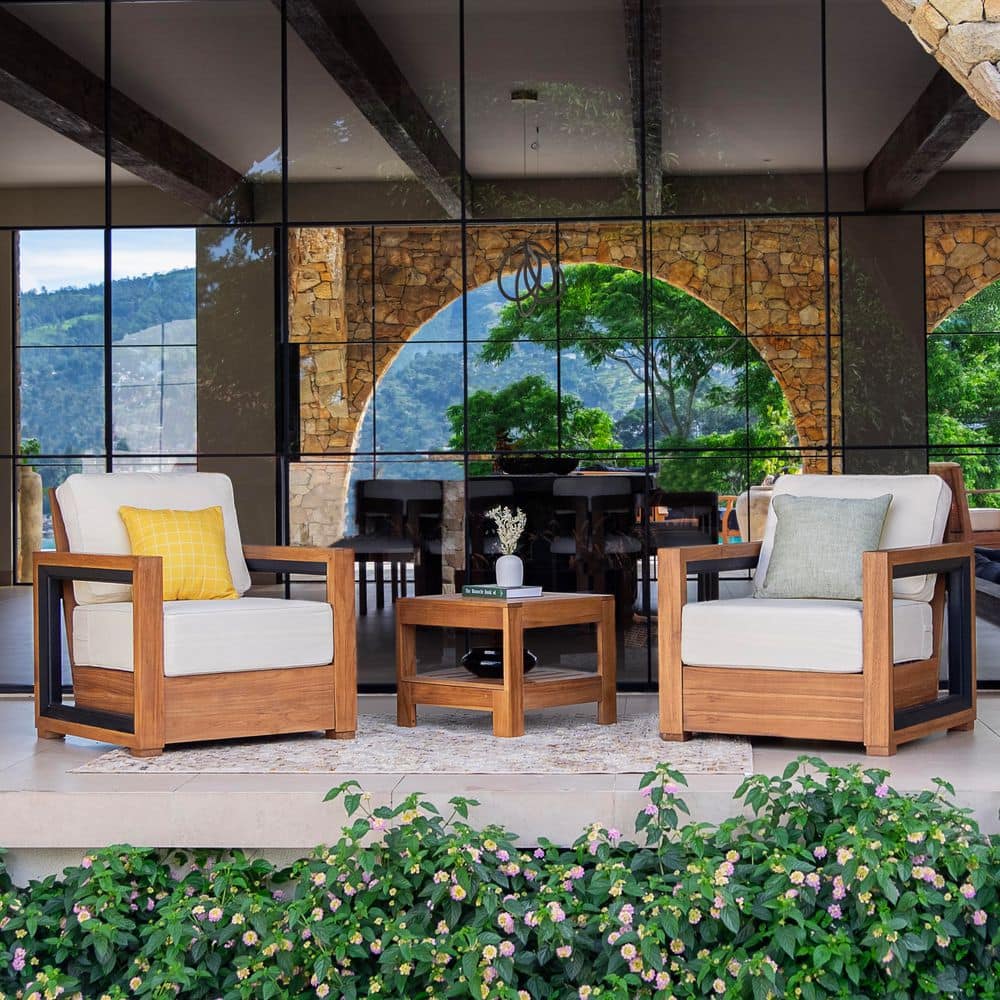 Brentwood 3-Piece Premium Indonesia Teak Wood Patio Conversation Set with Ivory Cushion