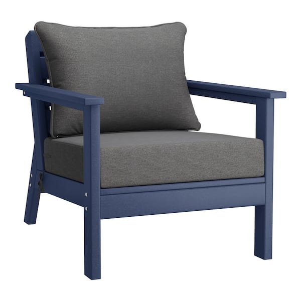 WESTIN OUTDOOR Birchwood Outdoor Patio Deep Seating HDPE Plastic Lounge Chair in Navy Blue with Grey Cushions