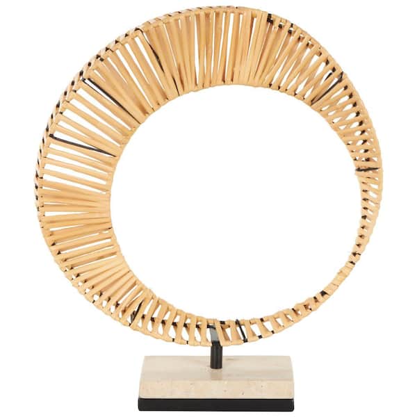 Brown Rattan Handmade Mobius Strip Inspired Abstract Sculpture with White Marble Base