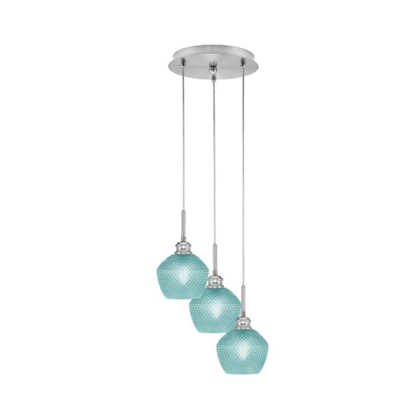 Unbranded Savannah 12.5 in. 3-Light Brushed Nickel Cord Pendant Light Turquoise Textured Glass Shade