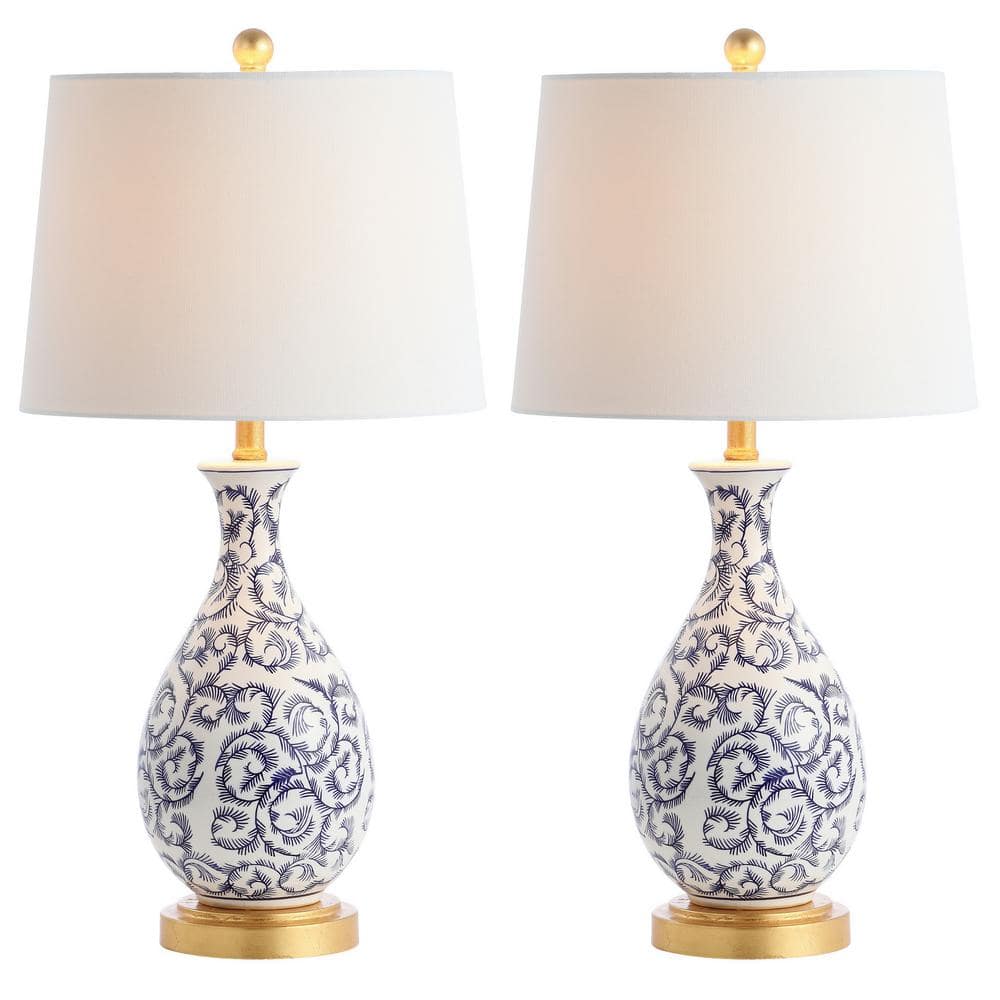 Classic Blue and White Ceramic Table Lamp Set with Gold Leaf Finish