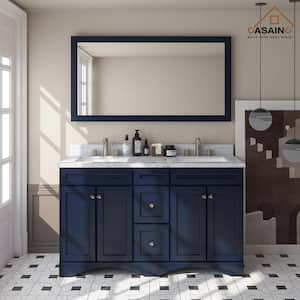 60 in. W x 22 in. D x 35.4 in. H Double Sink Solid Wood Bath Vanity in Navyblue with White Natural Marble Top and Mirror