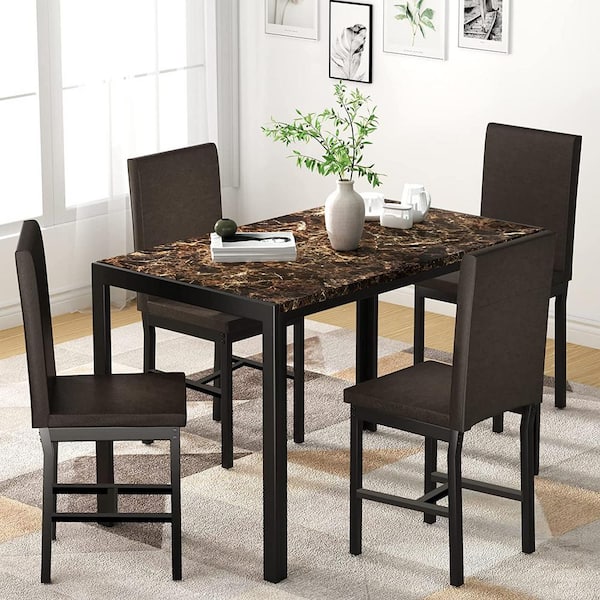 5 Piece Dining Set, Modern Dining Table and Chairs Set for 4, Kitchen  Dining Table Set with Faux Marble Tabletop and 4 PU Leather Upholstered  Chairs