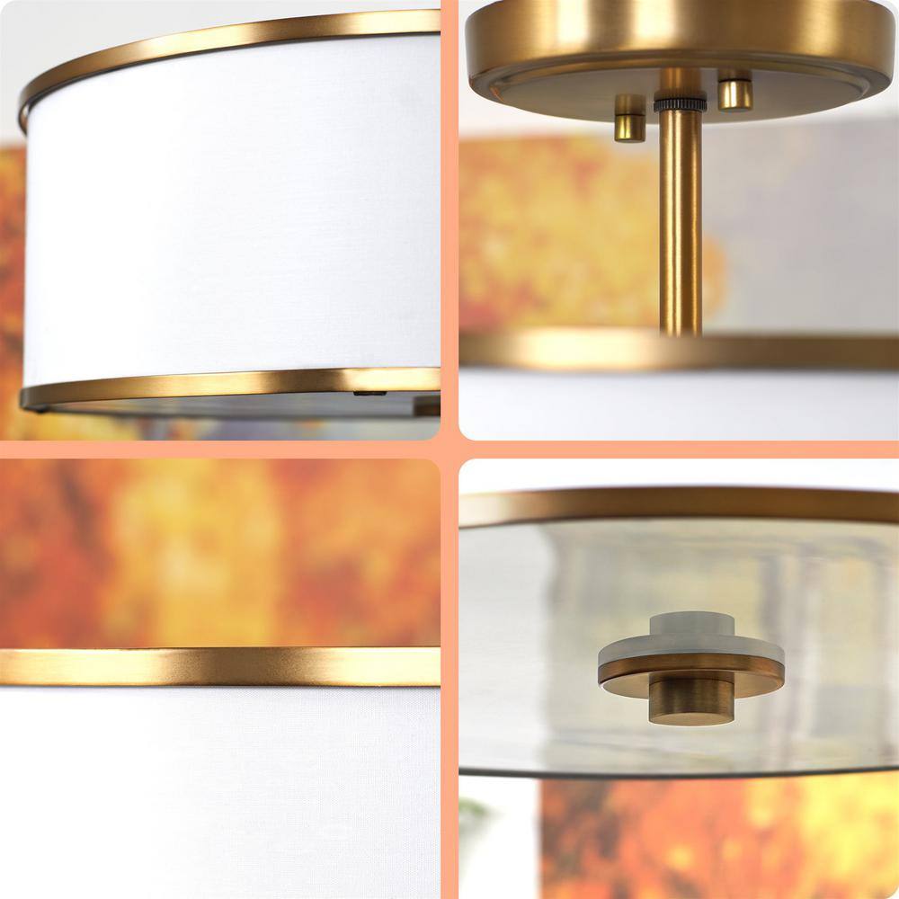 Chloe 15" Modern White Fabric Drum Ceiling Light with Warm Brass Trim
