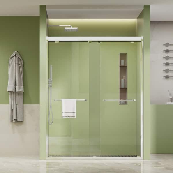 58 to 60 in. W x 76 in. H Double Sliding Framed Shower Door in Bright Silver Finish with Clear Glass