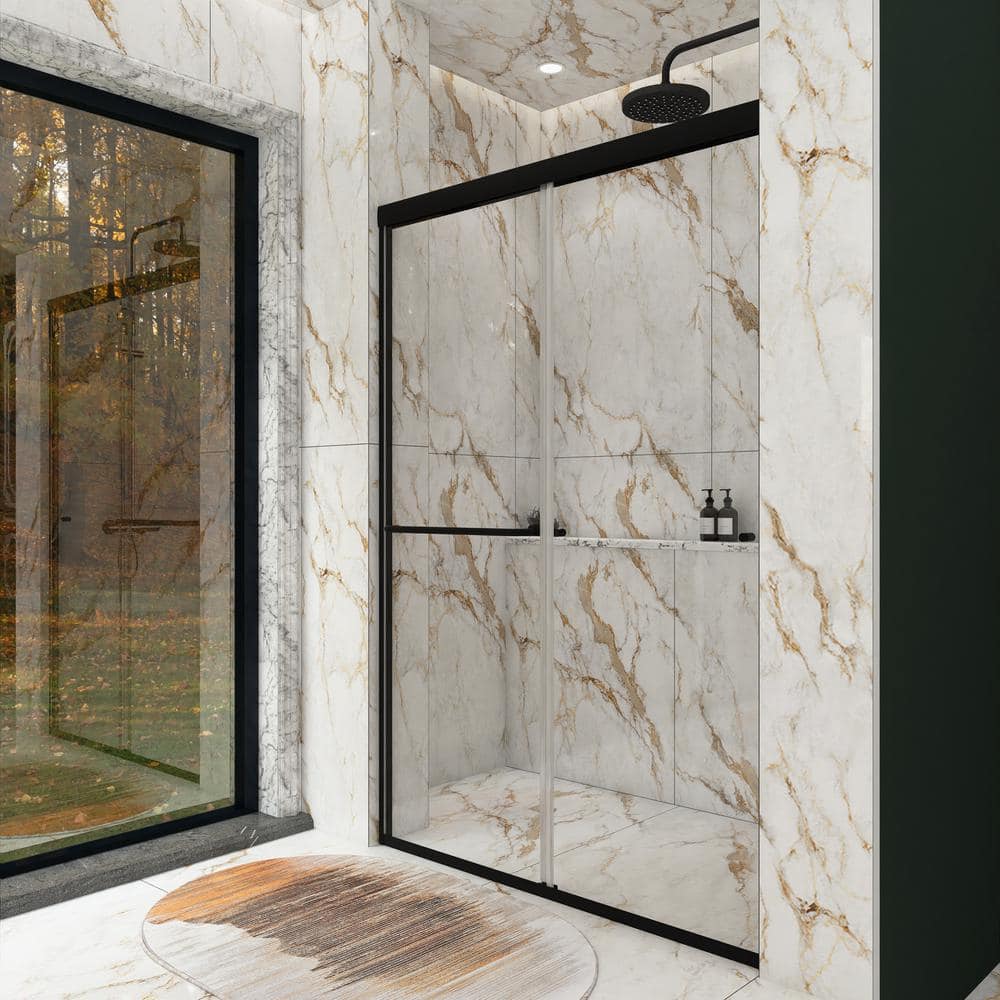 48'' Matte Black Semi-Frameless Sliding Shower Door with Clear Glass