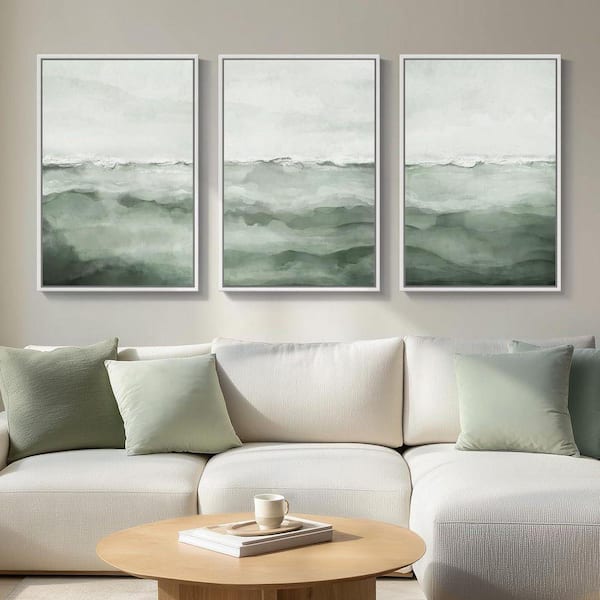 3 Piece Large Framed Sage Green Abstract Landscape Wall Art Poster