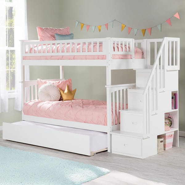 Columbia Staircase Bunk Bed Twin Over Twin with Twin Size Urban Trundle Bed in White
