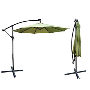 10 ft. Steel Outdoor Patio Cantilever Umbrella with Solar Powered LED Lights, Crank Lift and Cross Base in Green