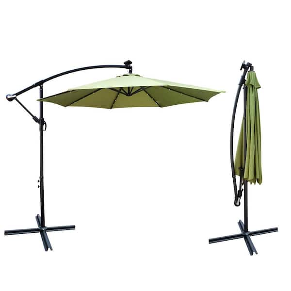 Maincraft 10 ft. Steel Outdoor Patio Cantilever Umbrella with Solar Powered LED Lights, Crank Lift and Cross Base in Green