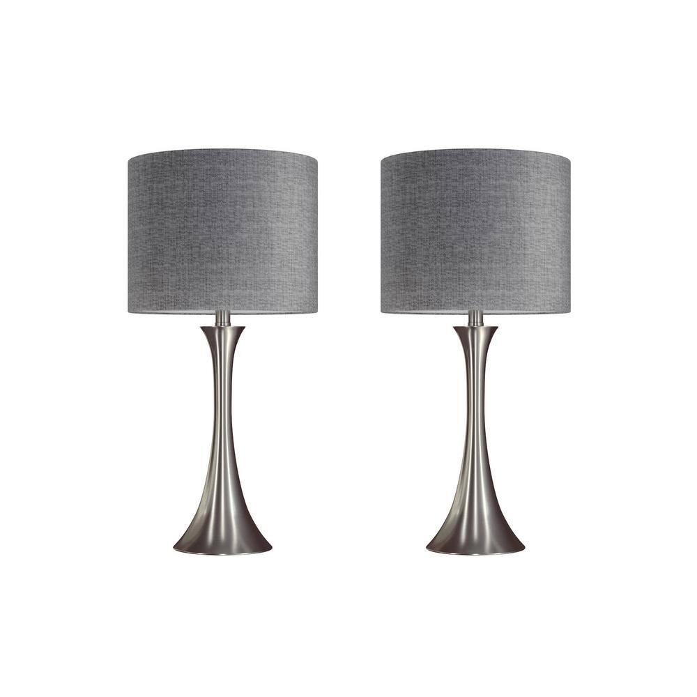 GRANDVIEW GALLERY 24.25 in. Brushed Nickel Table Lamp Set with Flared Body  and Grey Textured Linen Shade (2-Pack) ST90654G - The Home Depot