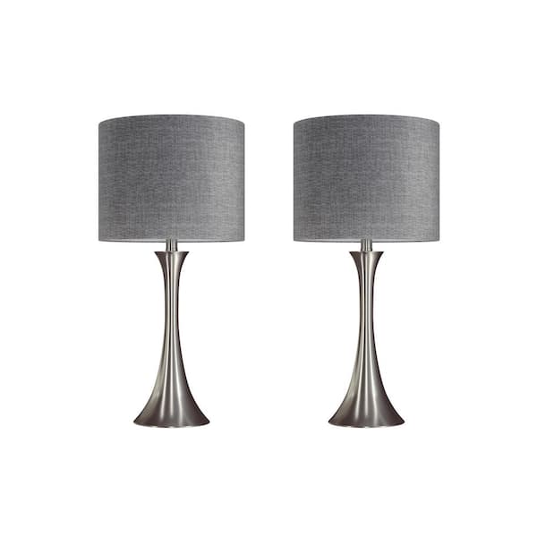 GRANDVIEW GALLERY 24.25 in. Brushed Nickel Table Lamp Set with Flared Body and Grey Textured Linen Shade (2-Pack)