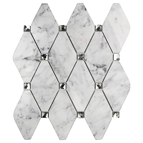 Ivy Hill Tile Mirage Lozenge Carrara 11.25 in. x 10.5 in. x 8 mm Marble and Glass Wall Mosaic Tile