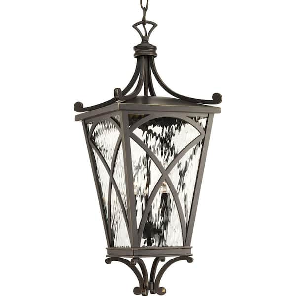 Progress Lighting Cadence Collection 3-Light Oil Rubbed Bronze Clear Water Seeded Glass Luxe Outdoor Hanging Lantern Light