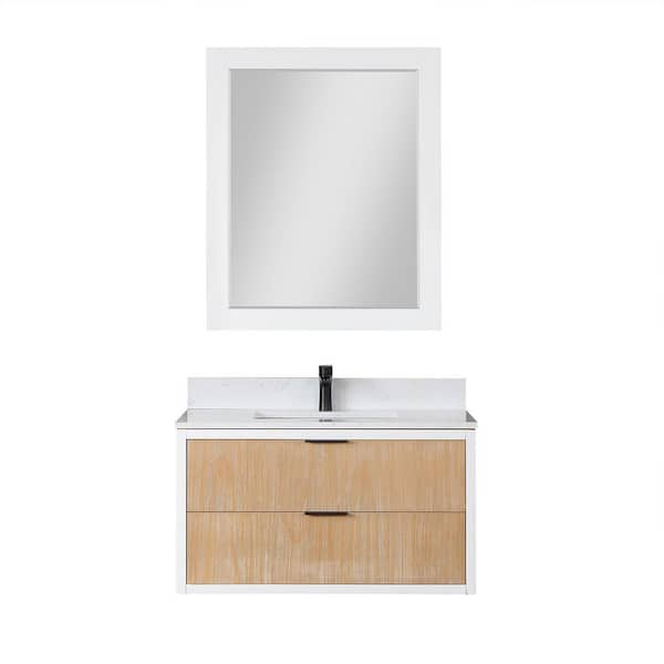 Altair Dione 36 in. W x 22 in. D x 21 in. H Single Sink Bath Vanity in Weathered Pine with White Composite Stone Top and Mirror