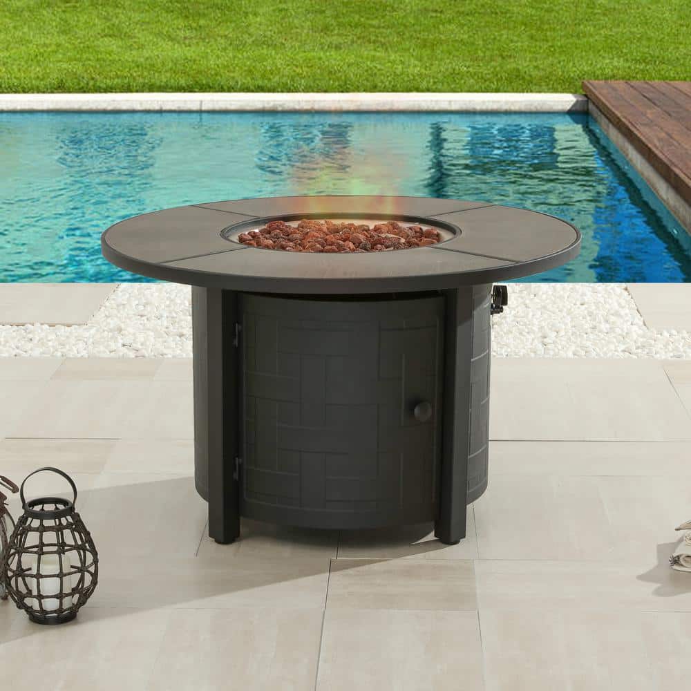 Patio Festival 41.3 in. x 27 in. Round Metal Propane Fire Pit Table with Lava Stone PF19901