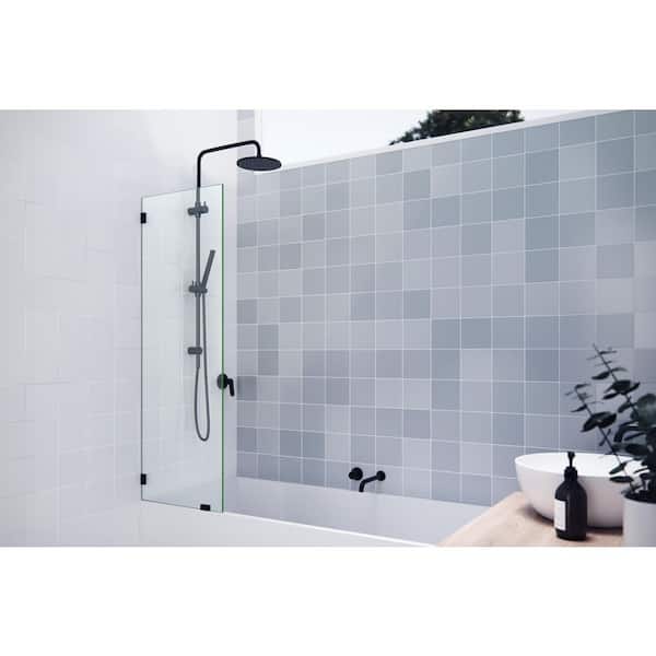 Vela 21 in. W x 58.25 in. H Frameless Fixed Panel Tub Door in Matte Black with Clear Glass