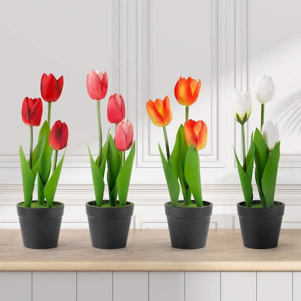 Oumilen 4-Pack Realistic Artificial Tulips 10 in. Multi-color Artificial Tulips Plant for Home and Office Decor