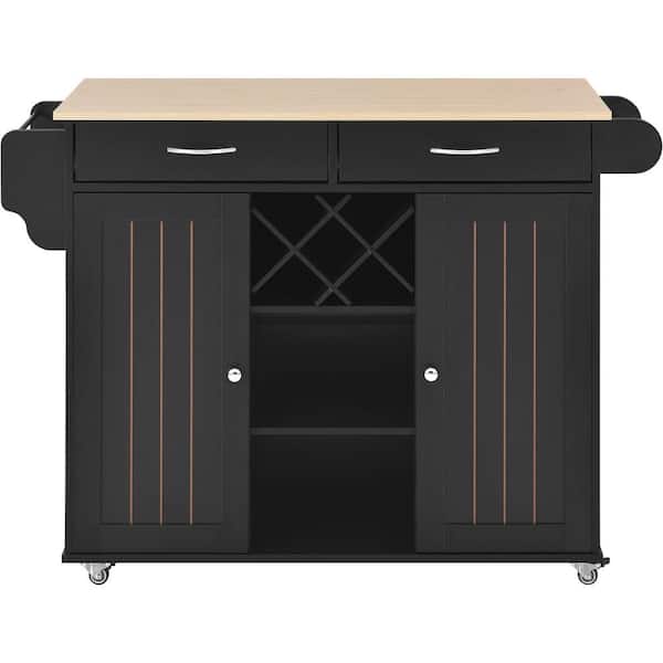 Black Wood 48 in. Kitchen Island with 2-Storage Cabinets and Drawers ...