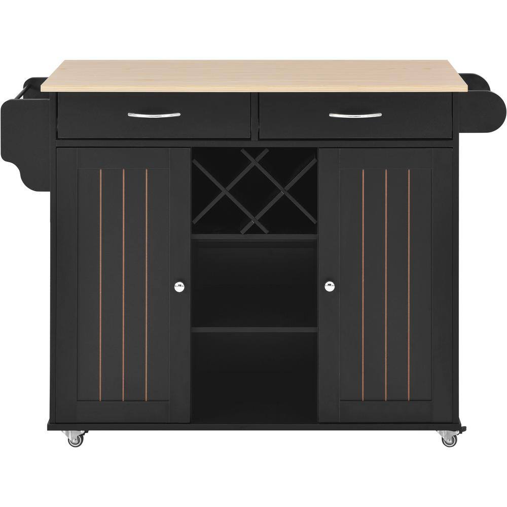 Black Wood 48 in. Kitchen Island with 2Drawers and Wine Rack
