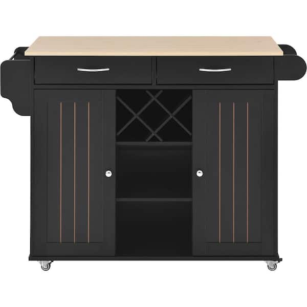 Unbranded Black Wood 48 in. Kitchen Island with 2-Drawers and Wine Rack