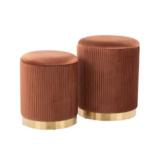 Marla Light Brown Pleated Nesting Velvet and Gold Ottoman Set