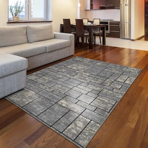 Ottohome Collection Non-Slip Rubberback Boxes Design 5x7 Indoor Area Rug, 5 ft. x 6 ft. 6 in., Gray