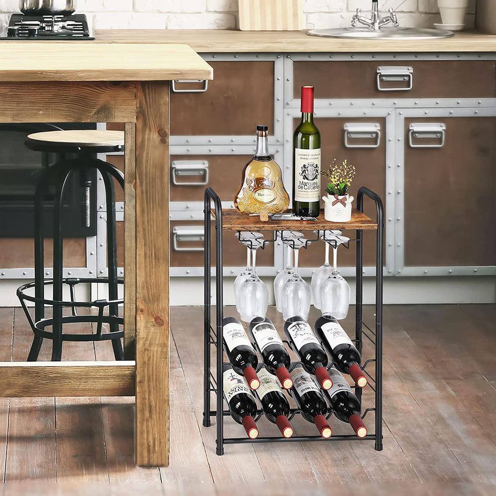 Oumilen Freestanding Black Wine Bar Rack, Holds 8 Bottles and 6 Glasses
