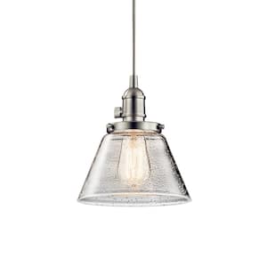 Avery 8 in. 1-Light Brushed Nickel Farmhouse Shaded Kitchen Cone Mini Pendant Hanging Light with Clear Seeded Glass