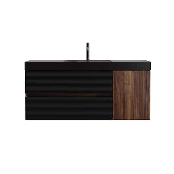 48 in. Wall-Mounted Brown Bath Vanity with Black Engineered Quartz Composite Top Assembled