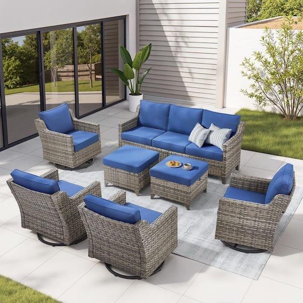 7-Piece Wicker Patio Conversation Set with Rocking Glider Chairs, Outdoor Couch Seating Group with Blue Cushions