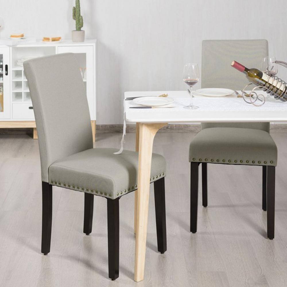Light Sage Linen Upholstered Parsons Side Chair Set with Wood Legs