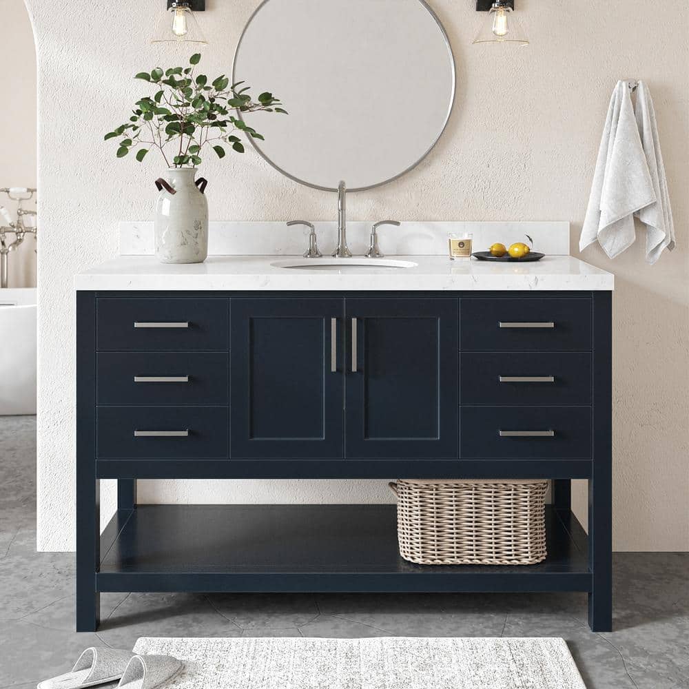 Midnight Blue Hardwood Single Bathroom Vanity with Carrara Quartz Top