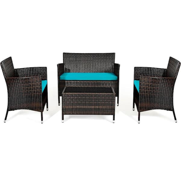 WELLFOR Brown 4-Piece Wicker Patio Conversation Set with Turquoise Cushions